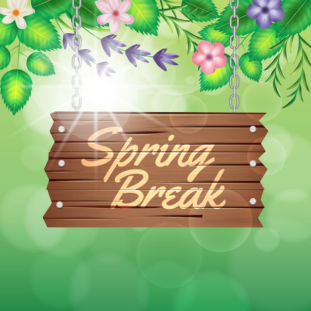 Happy spring day abstract bright spring blurred background with wood notice