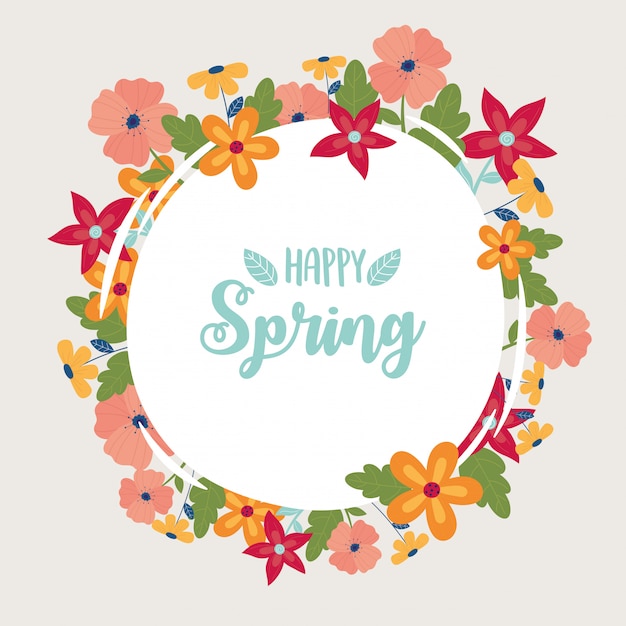 Happy spring round card flowers frame decoration