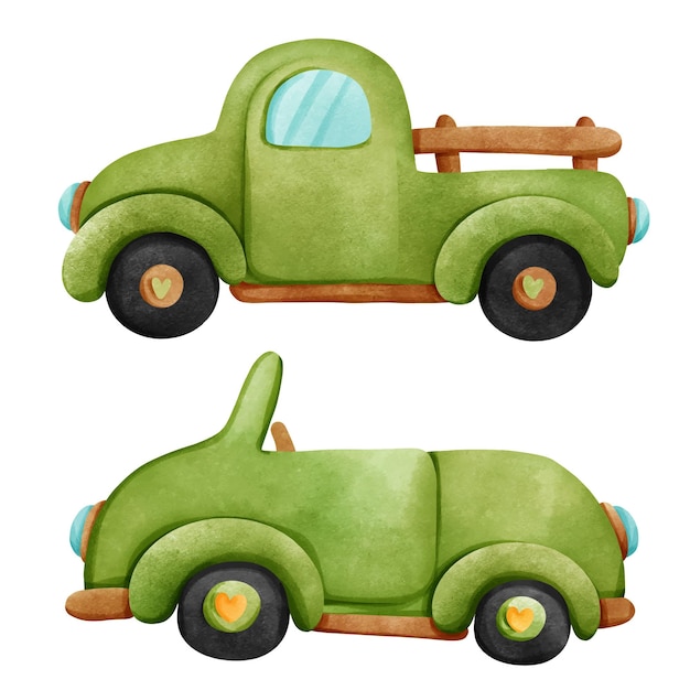 Happy Spring truck green truck car Vector illustration