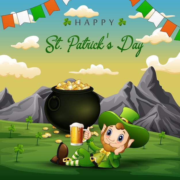 Happy St Patrick's Day background sign with a Leprechaun holding a glass of beer