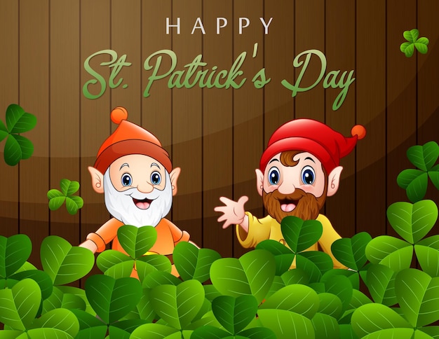 Happy St Patrick's Day background with two cute dwarfs