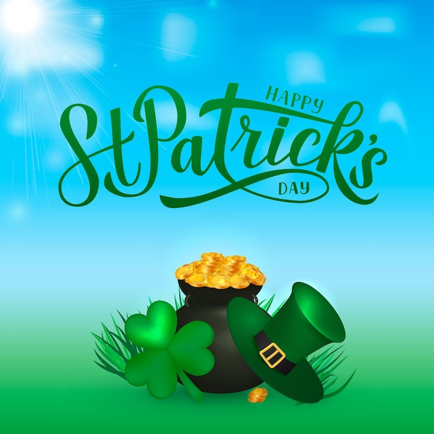 Happy St Patrick s day calligraphy hand lettering Leprechaun s hat clover and pot of golden coins Saint Patricks day greeting card party invitation banner poster flyer Vector illustration