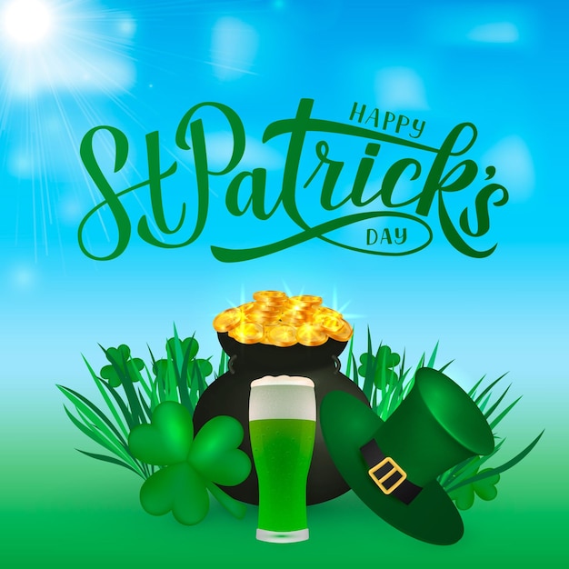 Happy St Patrick s day calligraphy hand lettering Leprechaun s hat pot of golden coins clover and green beer Saint Patricks day greeting card party invitation poster etc Vector illustration