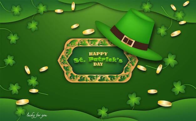 Happy St Patrick's Day with cauldron coins clovers and hat to event of vector illustration