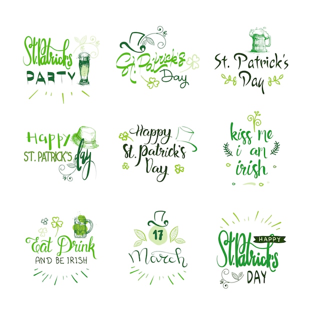 Happy St. Patricks Day Badges Set, Hand Drawn Irish Holiday Lettering Typography Icon