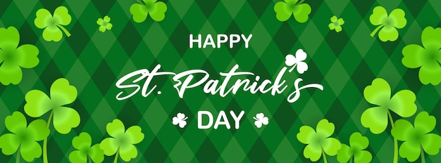 Happy St Patricks Day Banner vector illustration Shamrock on green argyle pattern