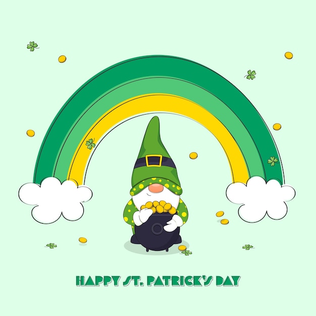 Vector happy st patricks day font with cartoon gnome holding cauldron of coins in leprechaun dress and rainbow on pastel green background