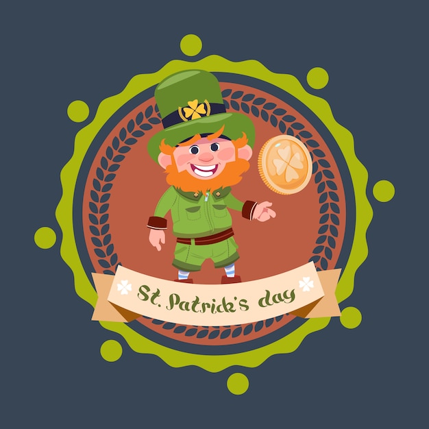 Happy St. Patricks Day With Leprechaun In Green Suit And Hat Hold Golden Coin