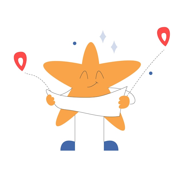 Happy star character holding a map in hands Vector illustration in flat style