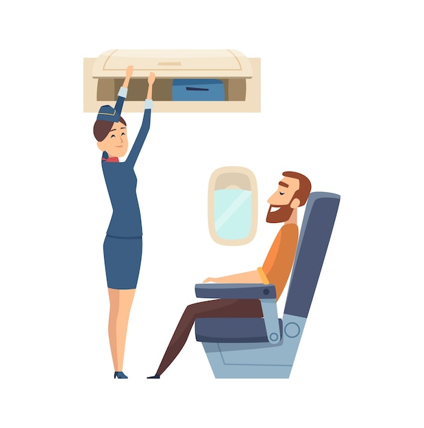 Vector happy stewardess character. passenger in airplane sitting in chair on board, woman from staff with luggage vector illustration. character stewardess in cartoon airplane and man passenger