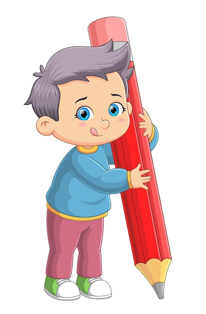 The happy student boy is holding the big pencil