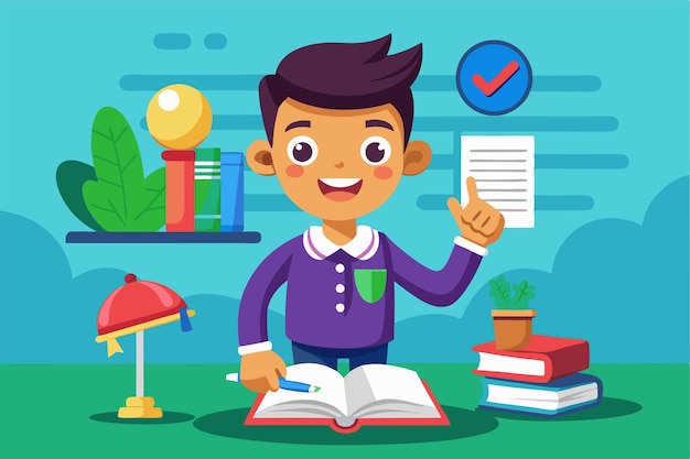 A happy student with a thumbsup gesture studies at a desk surrounded by books and plants Customizable cartoon illustration with grammar correction