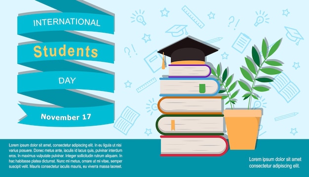 Happy Students Day vector banner Stack of books and a potted plant and square academic cap