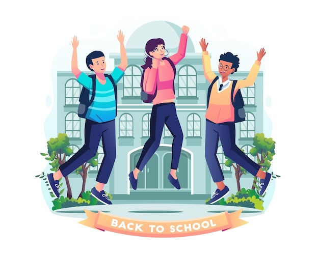 Happy students with backpacks are jumping in front of the school building illustration