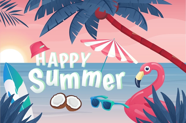 Happy summer background in flat cartoon design Vector illustration