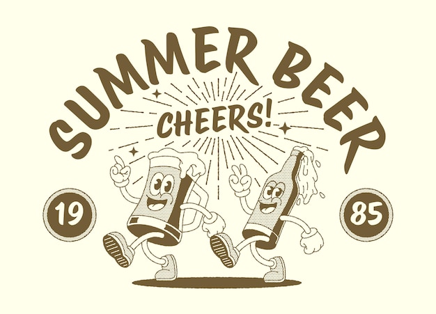 Happy Summer Beer Cartoon Character in Vintage Style