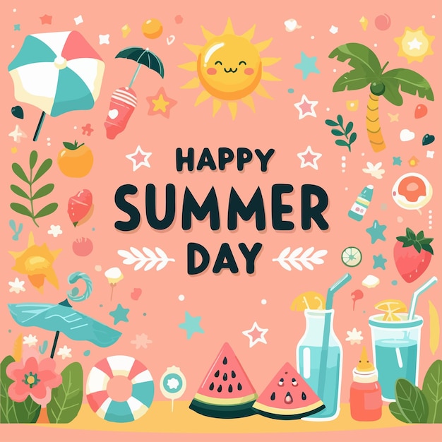 Happy Summer Day Greetings Design Vector With Blue Background