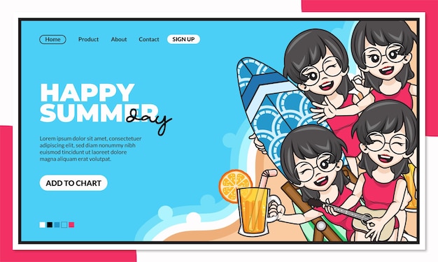 Happy summer day landing page template with cute cartoon character