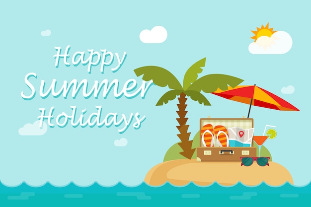 Happy summer holidays text on paradise sand resort island illustration in flat cartoon style 