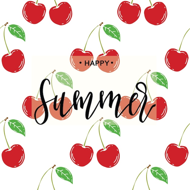 Vector happy summer inscription on the background of raspberries vector illustration hand drawn