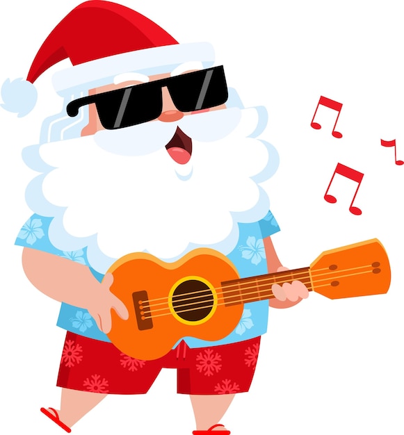 Vector happy summer santa claus cartoon character playing a guitar and singing