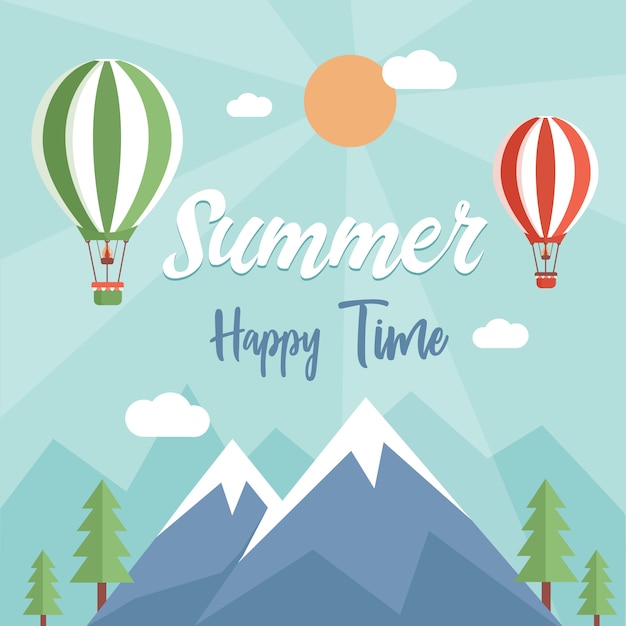 Happy summer time flat background with text space. Nature view with air balloons, mountains, and trees.