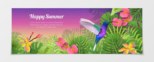 Happy summer time tourism template. Time to travel vacation agency web site . Nature Bird finches plant flower color background.