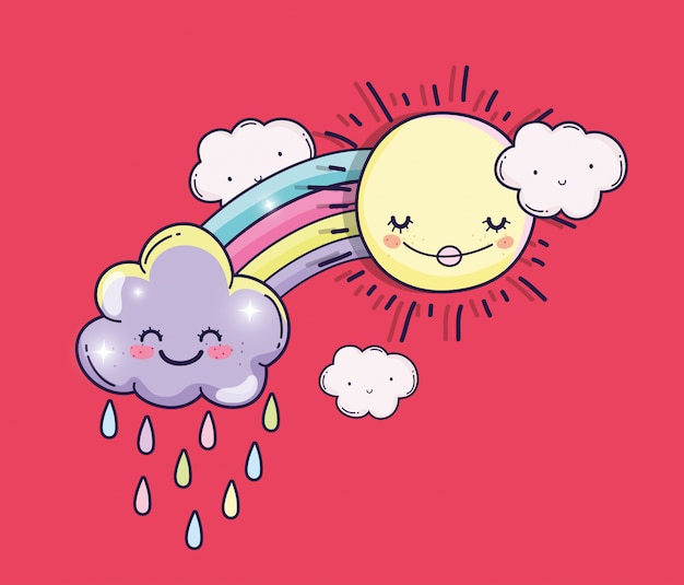 Happy sun with rainbow and cute clouds