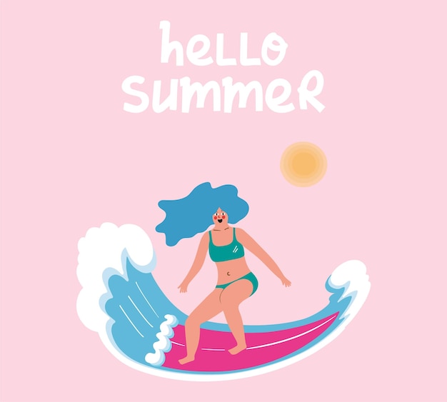 Happy surf girl with surfboard riding a wave Hand drawn illustration