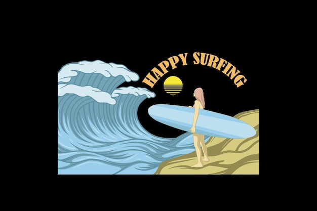 Happy surfing retro vintage landscape