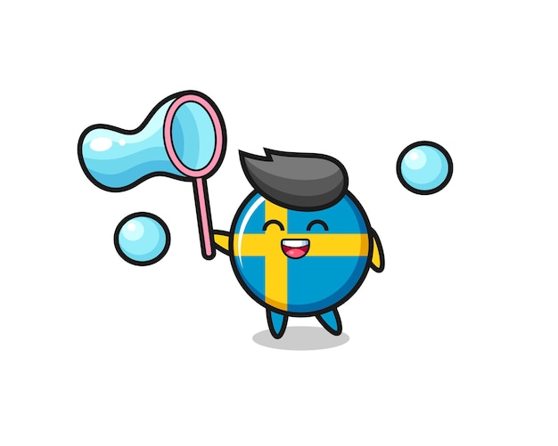 Happy sweden flag badge cartoon playing soap bubble , cute style design for t shirt, sticker, logo element