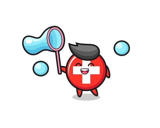 Happy switzerland flag badge cartoon playing soap bubble , cute style design for t shirt, sticker, logo element