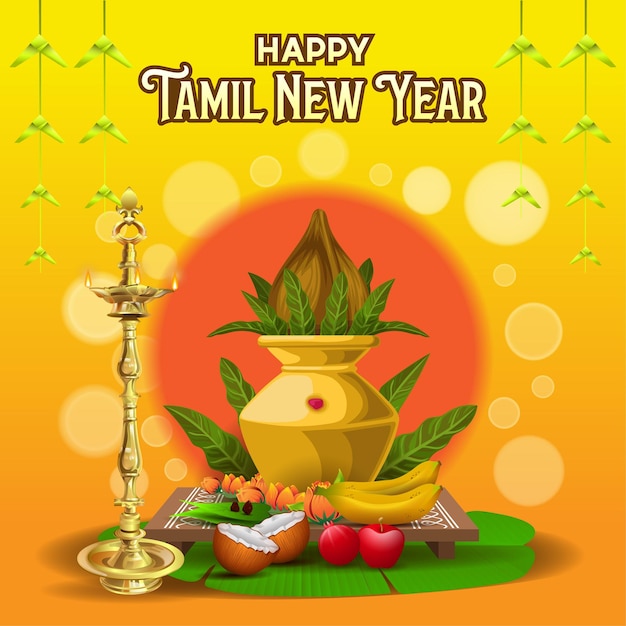 Happy Tamil New Year Greetings with traditional ritual elements