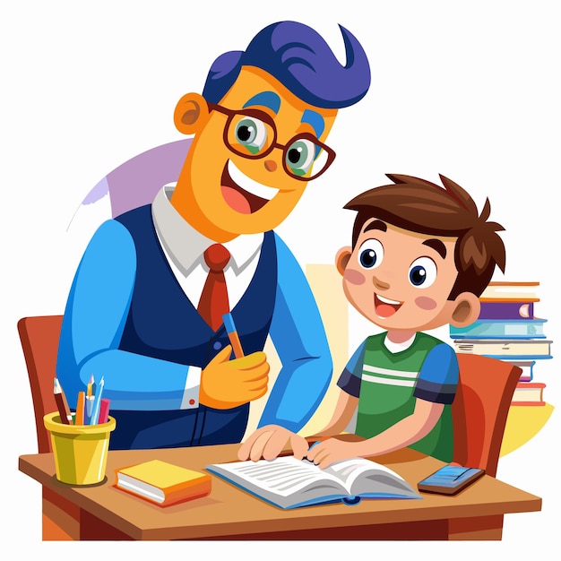 Happy teacher assists young student with homework