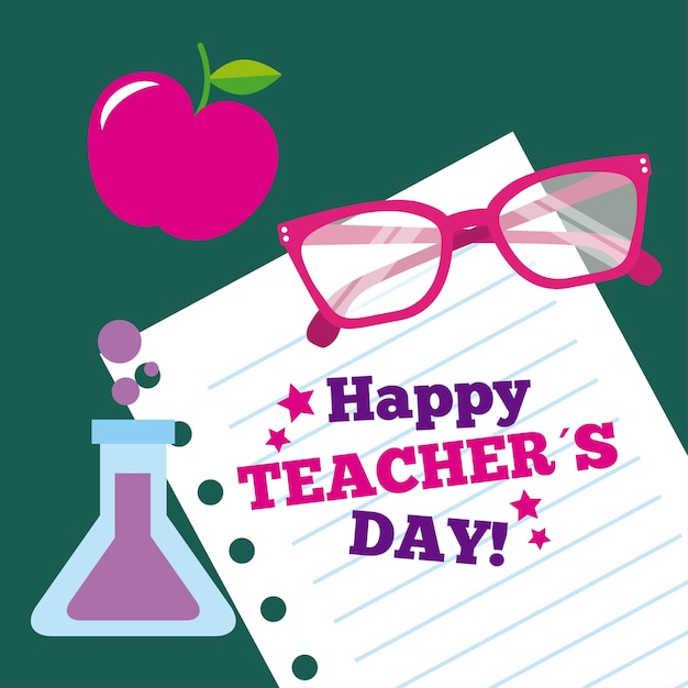 Happy teacher day card paper glasses apple and flask