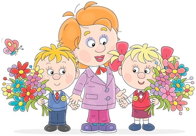 Happy teacher and funny little boy and girl with flowers at a holiday in kindergarten