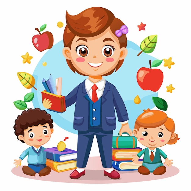 Vector happy teacher standing with students holding books