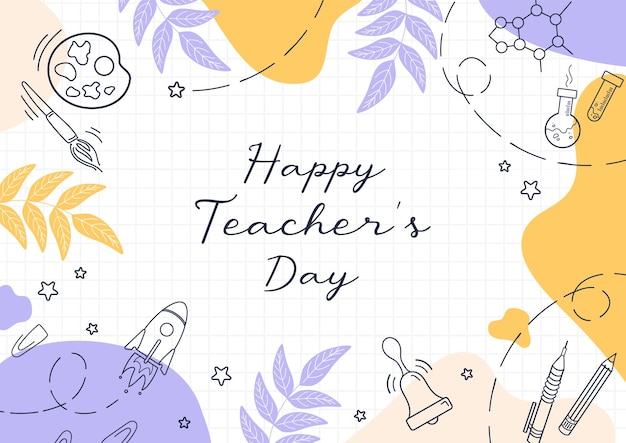 Happy teachers day Attributes for chemistry and drawing school bell Bright modern sketch style banner color blots For posters postcards banners advertising banner website flyer