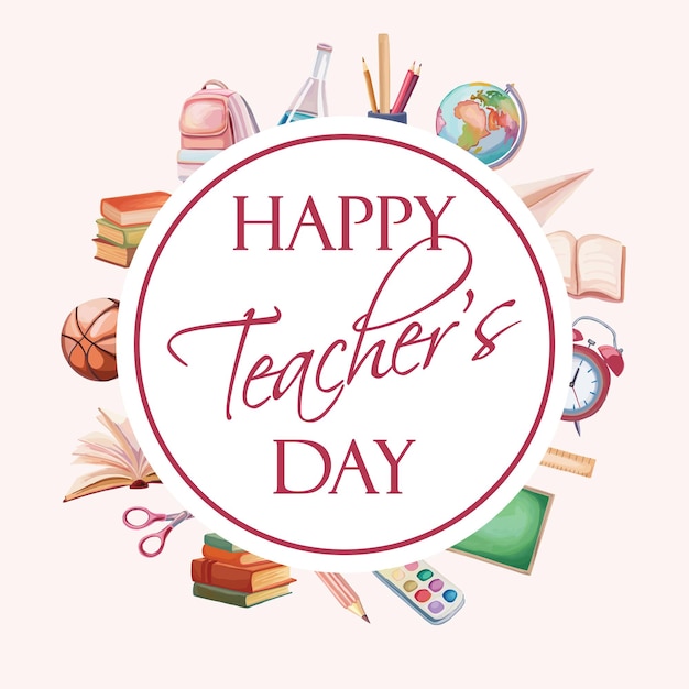 Vector happy teachers day composition card with school supplies in watercolor style