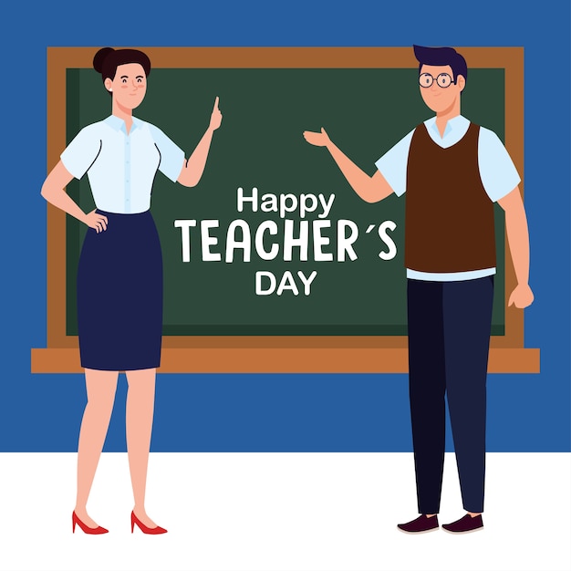 Happy teachers day, and couple teachers and chalkboard