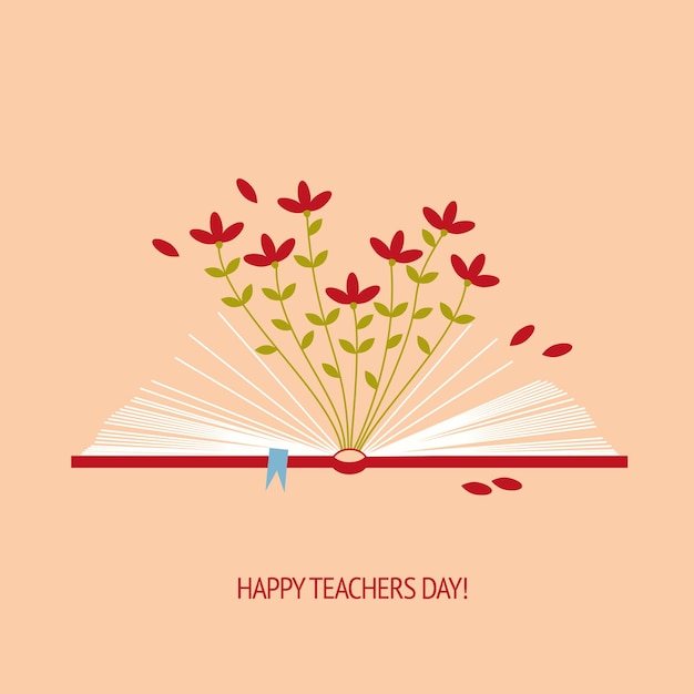 Happy Teachers Day Laconic postcard Open book with flowers Flat vector illustration