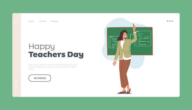 Happy Teachers Day Landing Page Template Friendly Teacher Woman Stand at Blackboard Explain Lesson Female School Tutor