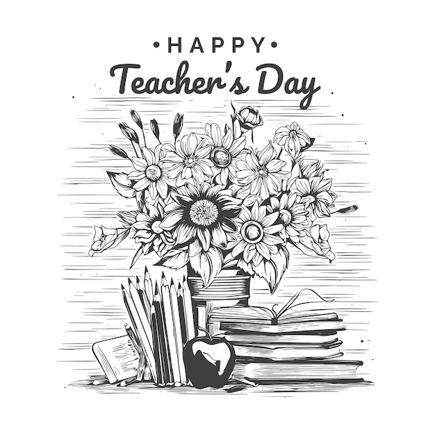 Vector happy teachers day sketch with flower books pencil apple