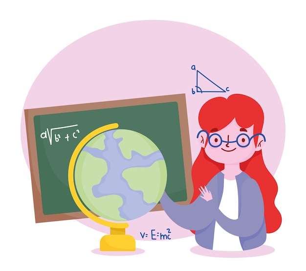 Happy teachers day, teacher with chalkboard and globe map school