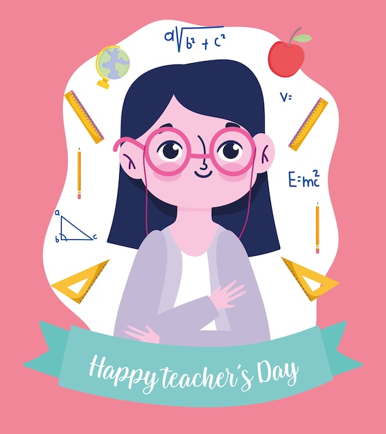 Happy teachers day, teacher with glasses and supplies school cartoon