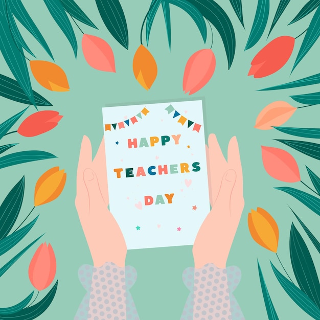 Vector happy teachers day vector illustration female hands hold a card