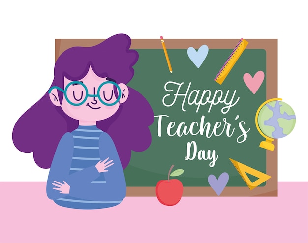 Happy teachers day, young female teacher blackoboard and supplies school