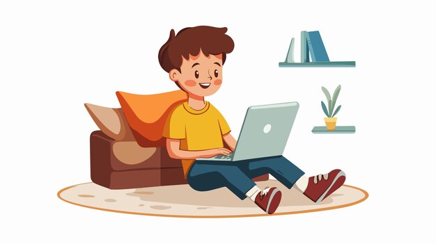 Vector happy teenage boy working on laptop indoors