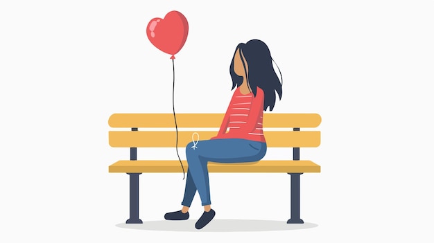 Vector happy teenage girl sitting on bench with balloon