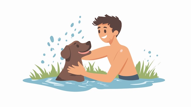 Vector happy teenager bathing pet dog outdoors